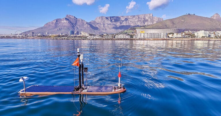 A wave glider off the coast of Cape Town. Together with other autonomous platforms, it forms a network to track the formation, development and dissipation of small-scale ocean structures in near real time. (Image credit: WHIRLS project/Sean Lavis, Sea Technology Services; D. Luquet,IMEV; Alseamar, Rockland Scientific)