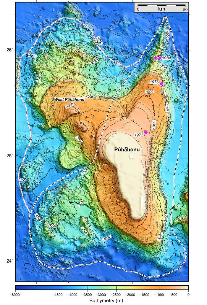 Detailed bathymetric map of Pūhāhonu volcano, the largest shield volcano produced on Earth in the last 60 million years. Remnants of the volcano that are above sea level are known as Gardner Pinnacles. (Image credit: Garcia et al., 2026)