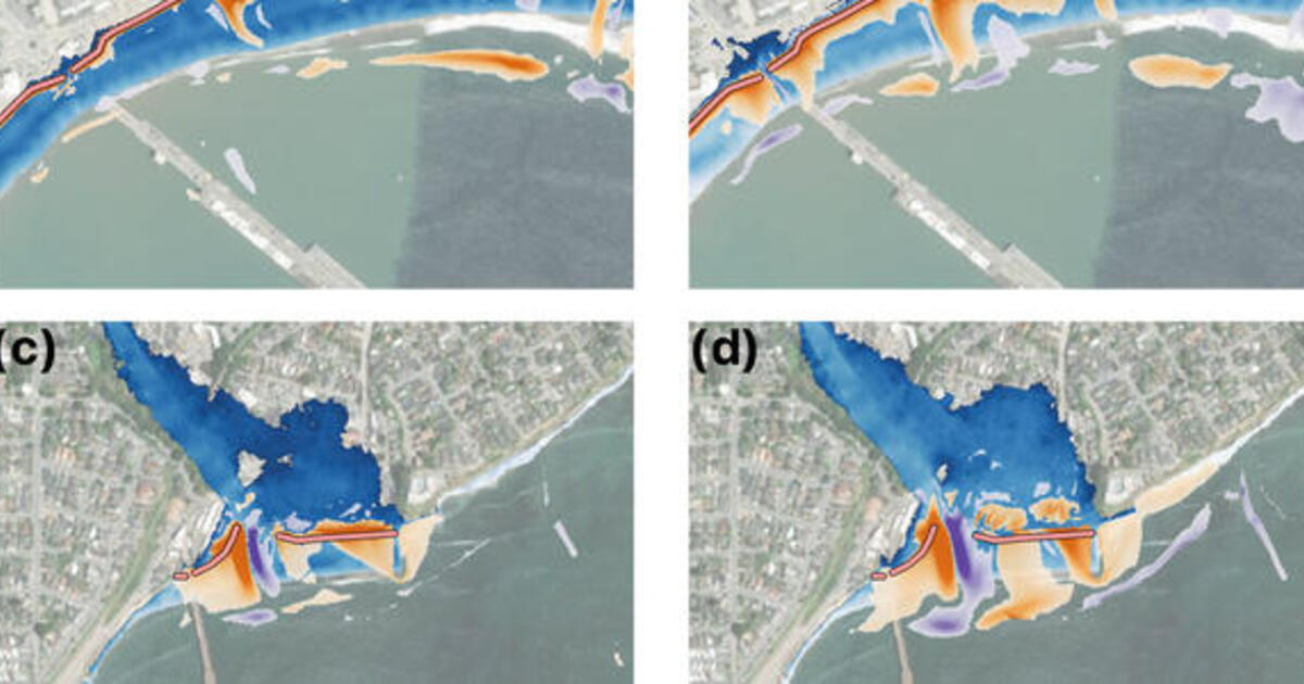 Spatial distribution of post-storm bed-level differences between simulations with and without dune-based adaptation at Santa Cruz Beach (a, b) and Capitola Beach (c, d) for return-period 5-year and return-period 50-year storm events under present-day (2025) conditions. 
