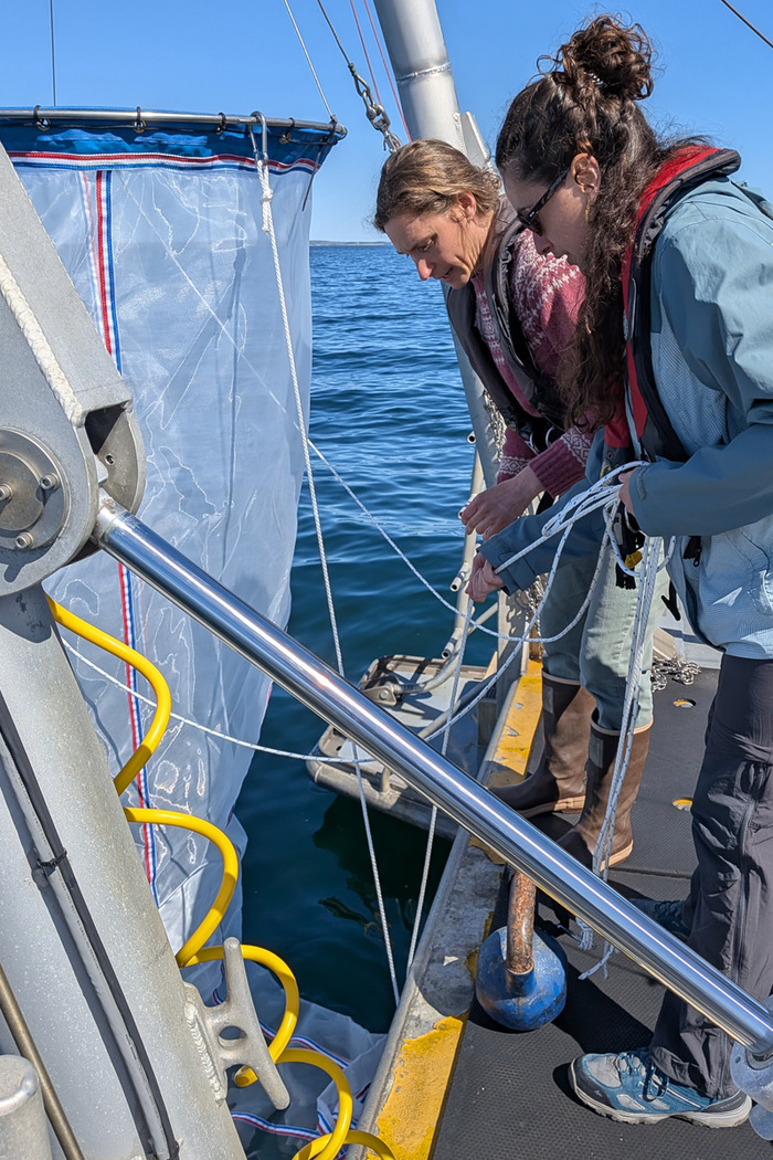 Stamieszkin and visiting student Reyes Martín Rodgríguez bring in a net tow with plankton samples aboard the R/V Bowditch during their spring research cruise. (Image credit: Cath Mitchell)