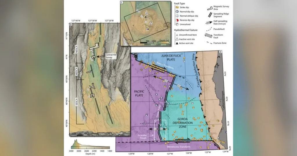 Map of Escanaba Trough offshore of the Oregon/California border.