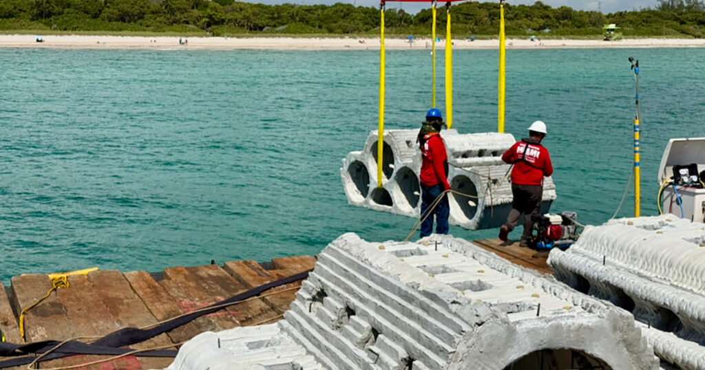 Phase 2 of the ECoREEF (Engineering Coastal Resilience Through Hybrid Reef Restoration) project expands an offshore living laboratory off Miami Beach where University of Miami researchers and collaborators are testing whether 3D-printed reef structures and restored corals can work together to reduce coastal flooding, create marine habitat, and strengthen shoreline resilience.