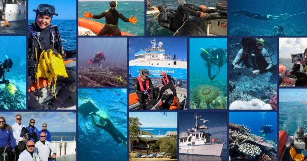 Collage of AIMS Long-Term Monitoring Program over the years, with scientists underwater and on boats doing coral reef surveys. (Image credit: AIMS)
