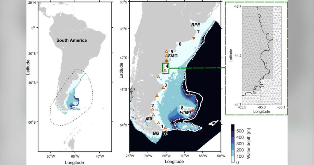 Left: Model domain of the Patagonian Shelf model (dashed black line) within the wider regional context. Water depth is shown using a blue color scale, displaying only depths shallower than 500 m. Middle: Present-day bathymetry of the Patagonian Shelf with 500 m (dotted white line) and 1,000 m (solid white line) depth contours. Orange triangles mark the coastal tide gauges used for model validation (outlined triangles: Moreira et al. (2011); filled triangles: Piccioni et al. (2019)). Numbers 1–8 indicate sites where relative sea-level curves and Mean High Water Spring Tide (MHWST) time series were extracted. Place names referred to in the text are: (FI/IM) Falkland Islands/Islas Malvinas; (RPE) Río de la Plata Estuary; (SMG) San Matías Gulf; (MS) Magellan Straits; (BG) Bahía Grande; and (TF) Tierra del Fuego. Right, green bounding box: Comparison of model grid resolutions. The global ocean model uses a coarser regular grid (gray land cells and white water cells), while the regional tidal model uses a higher-resolution unstructured triangular mesh (gray triangles). The present-day coastline is shown in black.