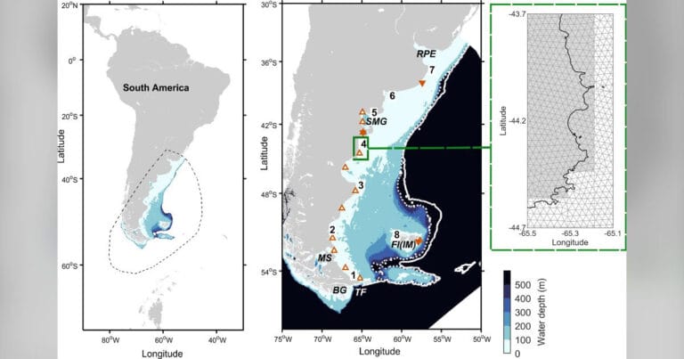 Left: Model domain of the Patagonian Shelf model (dashed black line) within the wider regional context. Water depth is shown using a blue color scale, displaying only depths shallower than 500 m. Middle: Present-day bathymetry of the Patagonian Shelf with 500 m (dotted white line) and 1,000 m (solid white line) depth contours. Orange triangles mark the coastal tide gauges used for model validation (outlined triangles: Moreira et al. (2011); filled triangles: Piccioni et al. (2019)). Numbers 1–8 indicate sites where relative sea-level curves and Mean High Water Spring Tide (MHWST) time series were extracted. Place names referred to in the text are: (FI/IM) Falkland Islands/Islas Malvinas; (RPE) Río de la Plata Estuary; (SMG) San Matías Gulf; (MS) Magellan Straits; (BG) Bahía Grande; and (TF) Tierra del Fuego. Right, green bounding box: Comparison of model grid resolutions. The global ocean model uses a coarser regular grid (gray land cells and white water cells), while the regional tidal model uses a higher-resolution unstructured triangular mesh (gray triangles). The present-day coastline is shown in black.