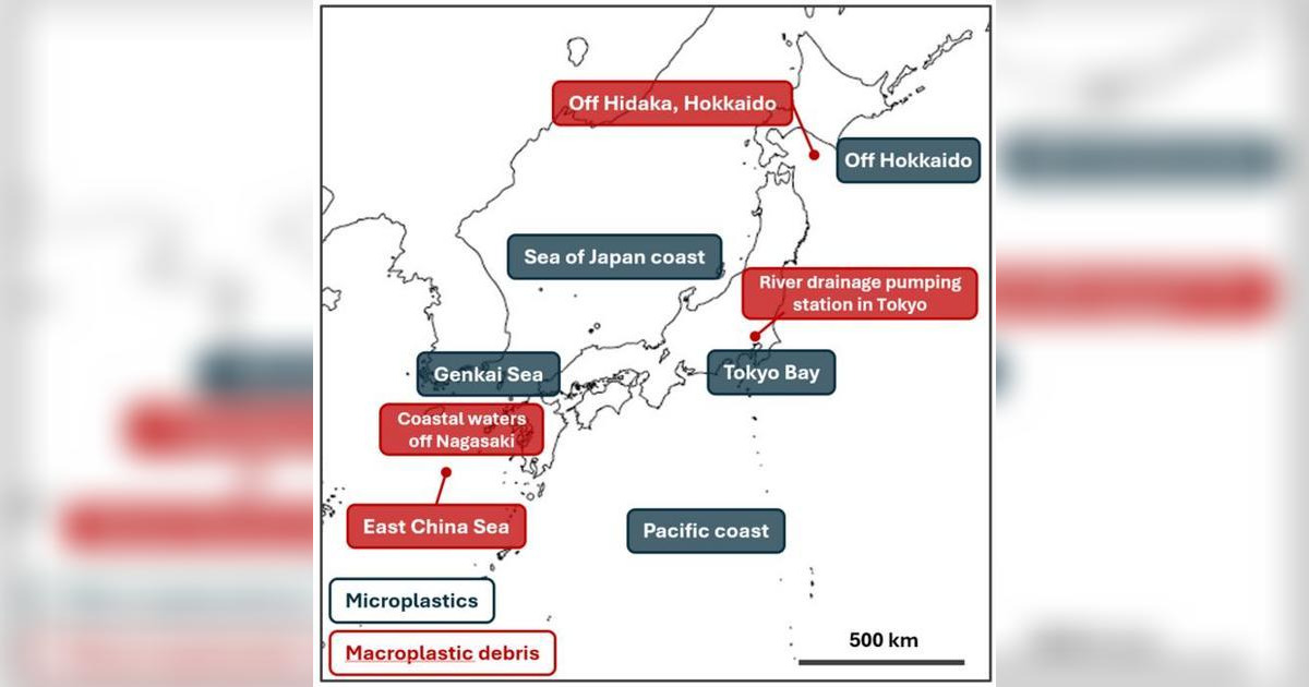 Blue labels indicate marine areas where floating microplastics were collected from surface waters. Red labels indicate locations or regions where larger plastic debris was recovered from riverine, coastal, and seafloor environments. (Image credit: National Institute for Environmental Studies, Japan)