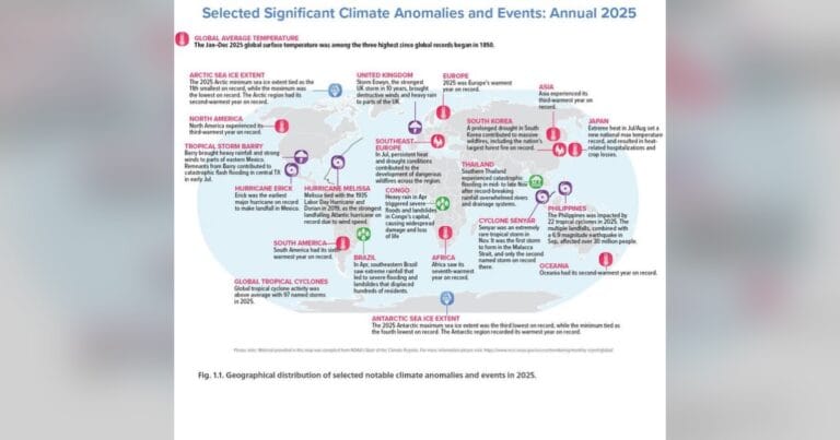 Geographical distribution of selected notable climate anomalies and events in 2025. (Image credit: State of the Climate in 2025. Special Supplement to the Bulletin of the American Meteor)