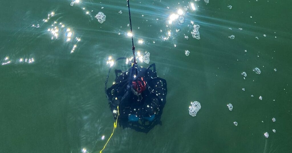 Ascension microplastics sampler hovers just under the surface of the Fraser River. (Image credit: Ocean Diagnostics)