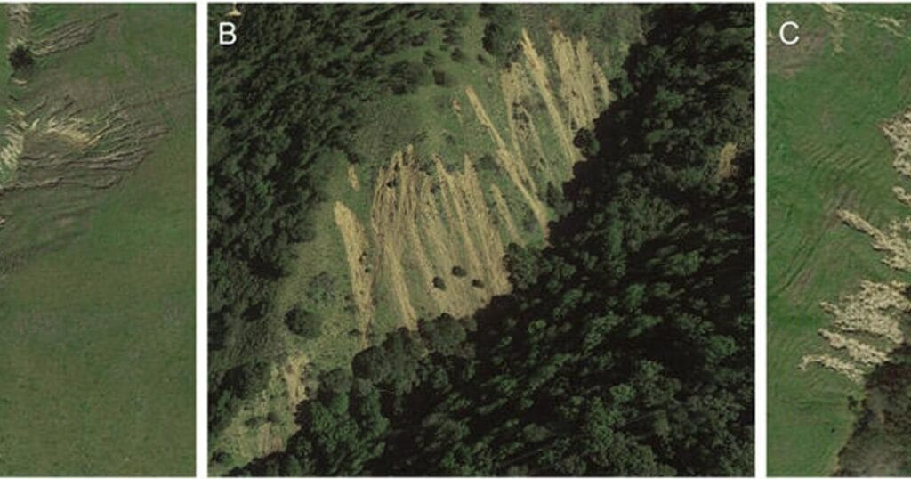 Examples of areas where shallow landslides were mapped as being in contact with stream channels, East Bay. (Image credit: USGS)