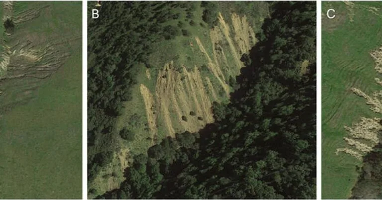 Examples of areas where shallow landslides were mapped as being in contact with stream channels, East Bay. (Image credit: USGS)