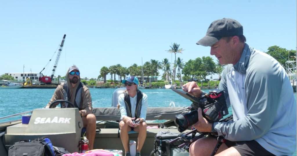 The video team led by Emmy Award-winning conservation filmmaker Tom Fitz of Schoolyard Films on the water during filming of three-part film series exploring the people, science, and partnerships working to protect Lake Worth Lagoon, underwritten by Friends of Manatee Lagoon. (Image credit: Merrick Walder)