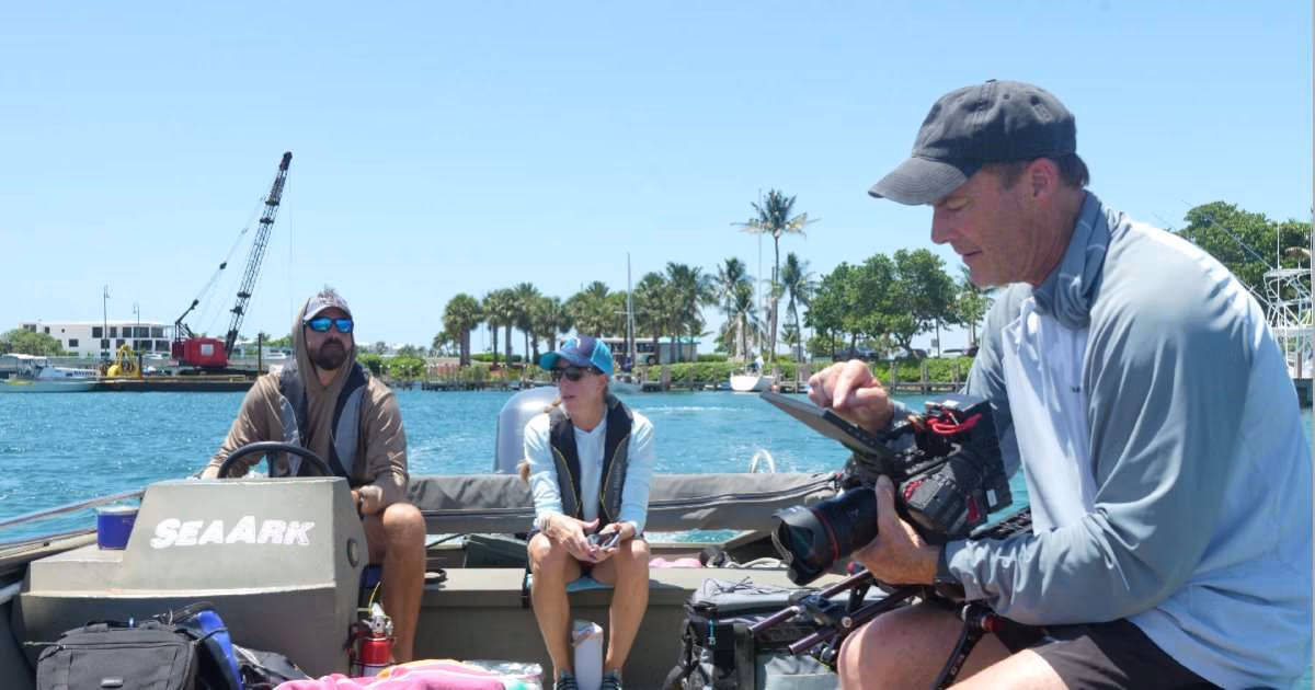 The video team led by Emmy Award-winning conservation filmmaker Tom Fitz of Schoolyard Films on the water during filming of three-part film series exploring the people, science, and partnerships working to protect Lake Worth Lagoon, underwritten by Friends of Manatee Lagoon. (Image credit: Merrick Walder)