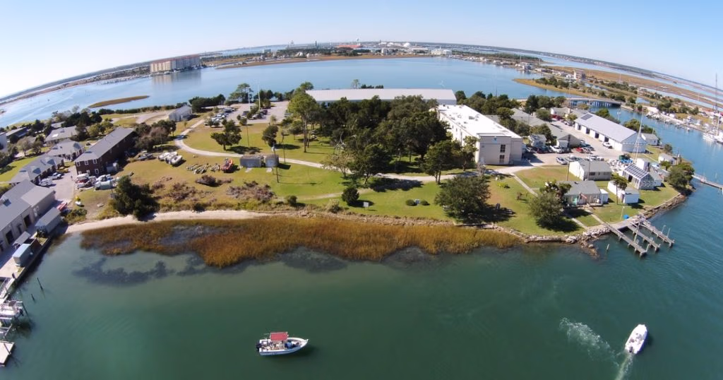 NOAA's Beaufort Laboratory moved to its current location on Pivers Island, South Carolina, in 1902. This aerial image of the laboratory complex was taken in 2014. (Credit: NOAA)