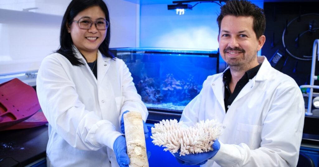 NTU EOS Research Fellow Dr Riovie Ramos (left) holding a reef core, which records the processes that built a reef over time, while Nanyang Assistant Professor Kyle Morgan (right) is holding a skeleton of an _Acropora_ sp. coral - one of the competitive corals that dominated much of the framework of Holocene reefs. (Image credit: NTU Singapore)