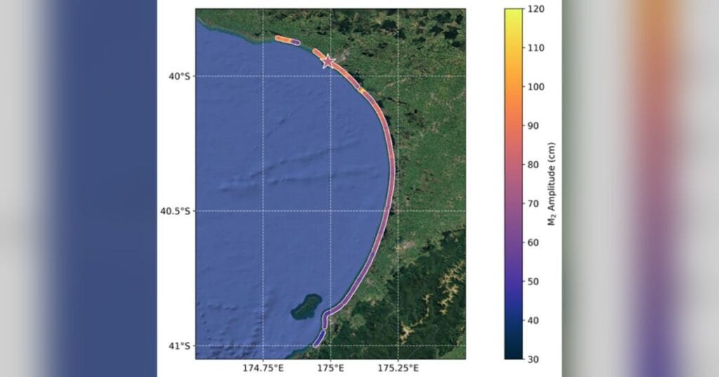 Tidal amplitude of the South Taranaki Bight as observed from satellite-imagery, showing tidal height variations of nearly 1 meter across the bight. (Image credit: Dr. Michael Hart-Davis)