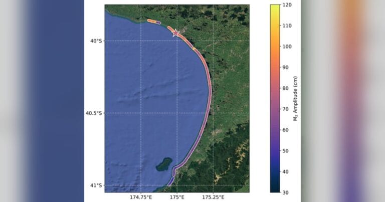 Tidal amplitude of the South Taranaki Bight as observed from satellite-imagery, showing tidal height variations of nearly 1 meter across the bight. (Image credit: Dr. Michael Hart-Davis)