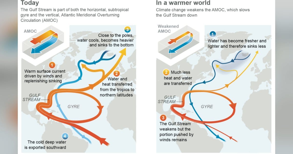 The current in the Atlantic Ocean now (left) and in the future when the Atlantic Meridional Overturning Circulation (AMOC) is further weakened by global warming. (Image credit: IPPC AR6 WGI chapter 9)