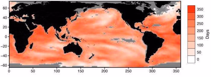 The average number of days of marine heatwaves annually projected for mid-century. (Credit: Prof. Ben Harvey)