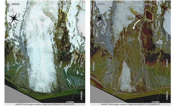 Left: pre-earthquake satellite imagery of the Kjerulf Glacier from June 2024, with the southern rock wall area where the rock failure occurred presented by yellow dashed line. Right: post-earthquake imagery from July 2025 showing the debris distribution over the surface of the Kjerulf (white dashed line). (Image credit: Satellite image ©2025 Maxar Technologies provided by European Space Imaging)