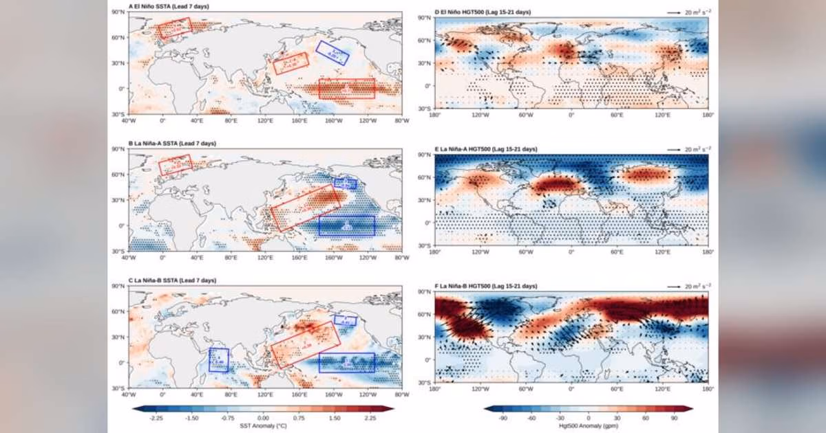 Panels A–C show the SSTA precursor signals for the El Niño, La Niña-A and La Niña-B categories, respectively (unit: °C; averaged over the 7 days before forecast initialization). Panels D–F show the 500-hPa geopotential height anomalies (unit: gpm) superimposed with wave activity fluxes (arrows; unit: m2 s-2) during the third week after forecast initialization. The black dots indicate the anomalies that pass the 99% confidence level. (Image credit: Science China Press)