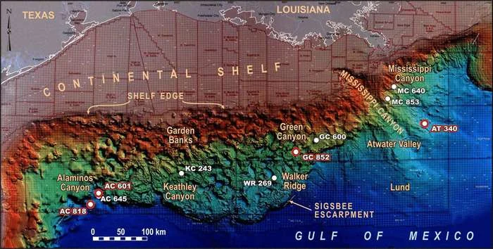Multibeam bathymetry of the Gulf of America (formerly known as the Gulf of America) showing Green Canyon (site of this study) and Mississippi Canyon (site of Deepwater Horizon well). Extracted from Brooks et al. (2007). (Image credit: NOAA AOML)