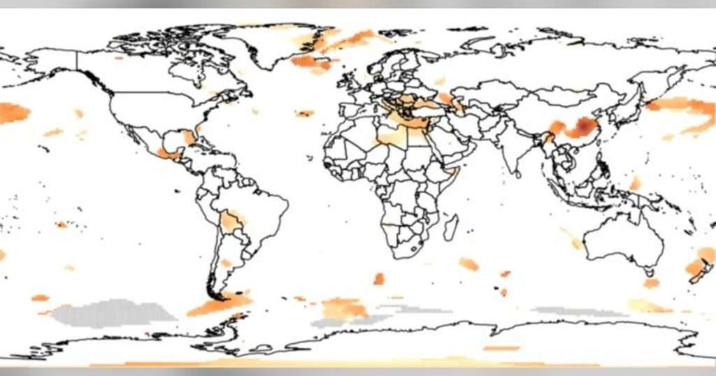 This map from the new paper shows regions that exhibit changes in the rate of warming, highlighted in colors. Mid latitudes in the Northern Hemisphere are where changes are more prominent. Darker red indicates the most pronounced changes and is concentrated in southeast China. (Image credit: Credit: Beaulieu, C., Johnson, A., Killick, R. et al.)
