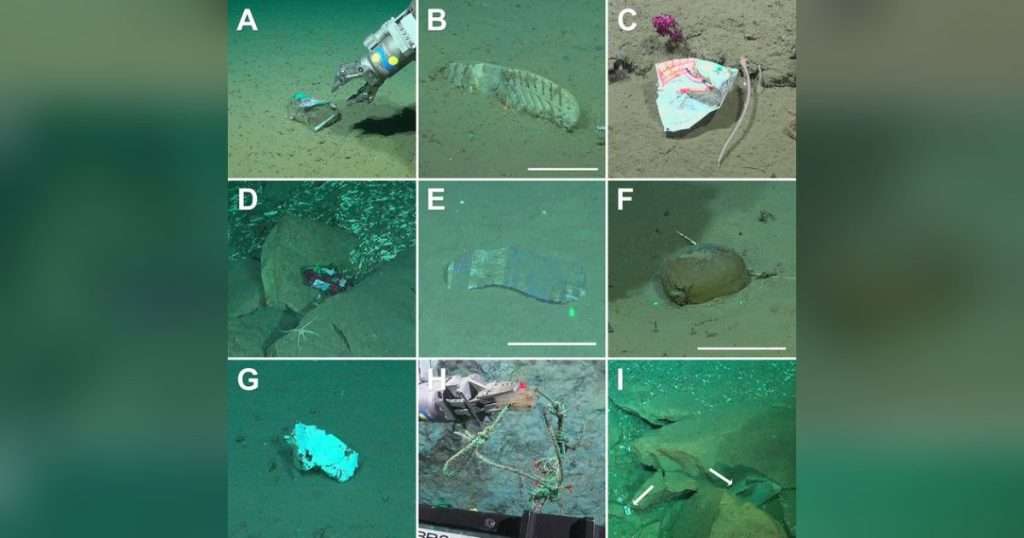 xamples of deep-sea litter found in the Mar del Plata Submarine Canyon. (A) Medium-sized plastic wrapper, 2,109 m. (B) Rubber boot, 2,598 m. (C) Food wrapper, 1,920 m. (D) Snack wrapper, 3,231 m. (E) Tissue paper wrapper, 3,814 m. (F) Sediment-filled plastic bag, 3,739 m. (G) Highly degraded plastic fragment, 3,709 m. (H) Nylon cord with a hook, 1,949 m. (I) White plastic cup and bag (arrows), 3,243 m. Scale bars: 10 cm. (Image credits: Schmidt Ocean Institute/ROV SuBastian, expedition FKt250712; Teso et al., 2026, PLOS One, CC-BY 4.0)