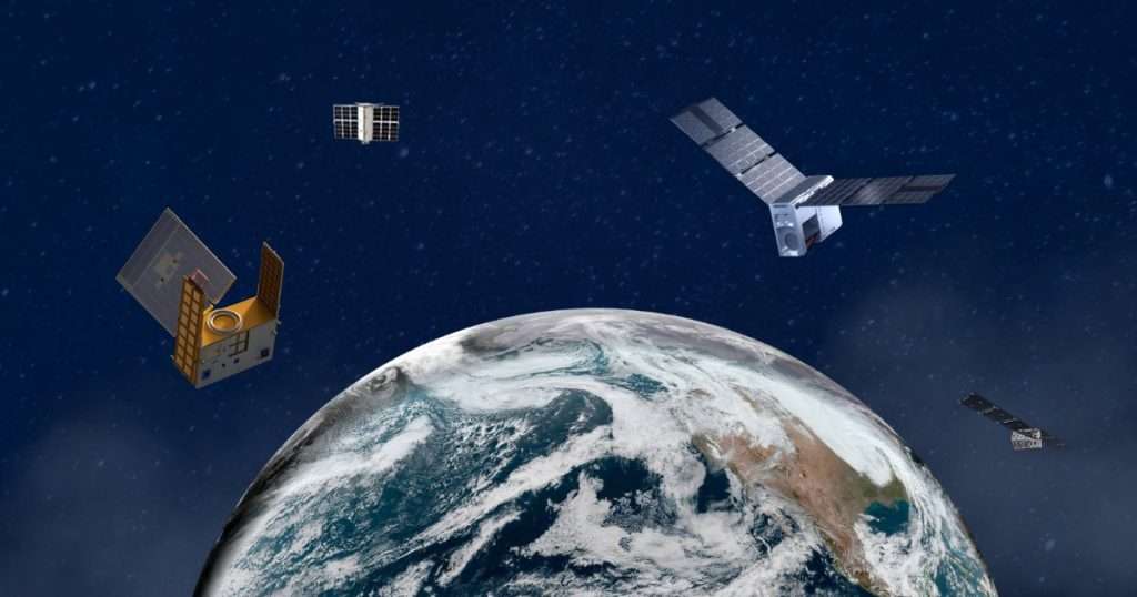 NOAA is expanding the use of commercial satellite data to boost weather and space forecasting. This is an artist's rendering of commercial satellites operated by Tomorrow.io, PlanetiQ, Spire Global Subsidiary Inc. and Muon Space that collect environmental data. (Image credit: NOAA NESDIS)