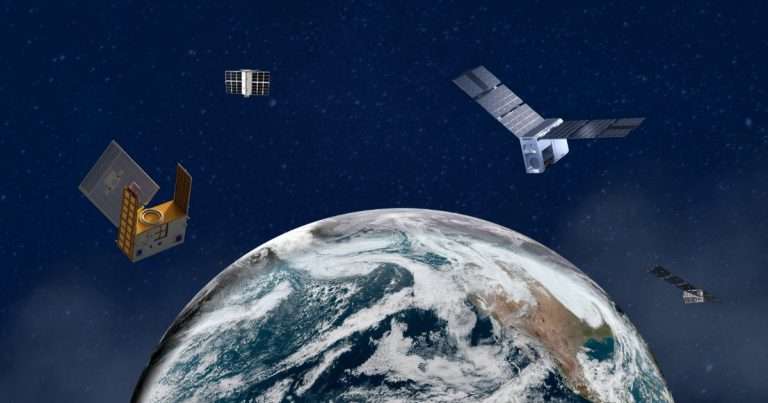 NOAA is expanding the use of commercial satellite data to boost weather and space forecasting. This is an artist's rendering of commercial satellites operated by Tomorrow.io, PlanetiQ, Spire Global Subsidiary Inc. and Muon Space that collect environmental data. (Image credit: NOAA NESDIS)