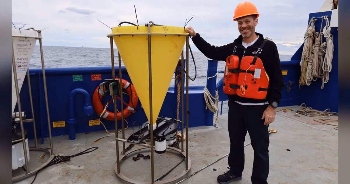 Luke Thompson, Ph.D., a researcher with the Northern Gulf Institute, collects samples of forams from a sediment trap aboard the R/V Pelican in November 2023 as part of a larger collaborative effort with the U.S. Geological Society (USGS) to examine marine snow and what microscopic life are comprising the biological carbon pump in the Gulf of America. (Credit: Courtesy of Northern Gulf Institute)