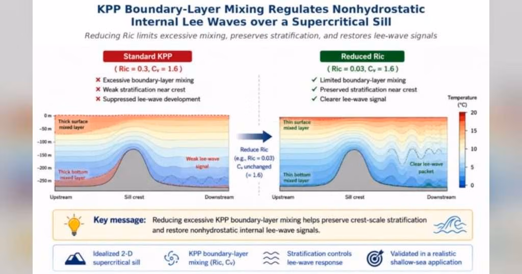 KPP Boundary-Layer Mixing Regulates Nonhydrostatic Internal Lee Waves over a Supercritical Sill. (Image credit: Xuefeng Zhang)