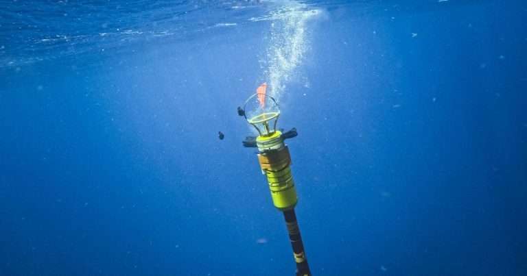 A Vertical Microstructure Profiler (VMP) 5500 sinks through the water column. The instrument profiles ocean mixing by descending through the water column to take centimeter-scale measurements before returning to the surface.(Image credit: Alex Ingle | Schmidt Ocean Institute)