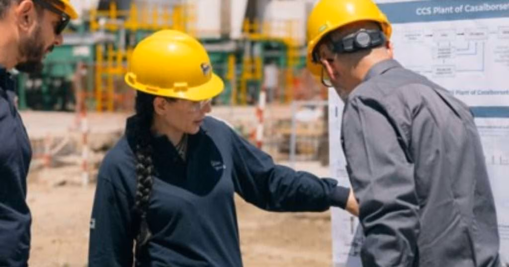 Working group observes the plan of the natural gas treatment plant in Casalborsetti, in the province of Ravenna. (Image credit: Eni)