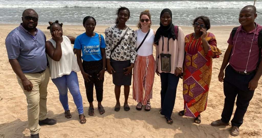 Lauren Josephs M'17 of URI's Coastal Institute (fourth from right), shown with the enumerator team for a socio-economic survey of shellfishers in Ghana, is also a co-investigator on the award. (Image credit: Emelia Nortey)