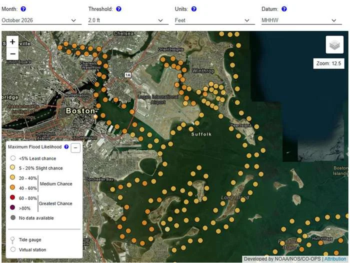 View of the interactive map in the new experimental High-Resolution Monthly High Tide Flooding Outlook. Colored dots represent the maximum flood likelihood for locations around Boston, Massachusetts, in the month of October 2026. (Credit: NOAA)
