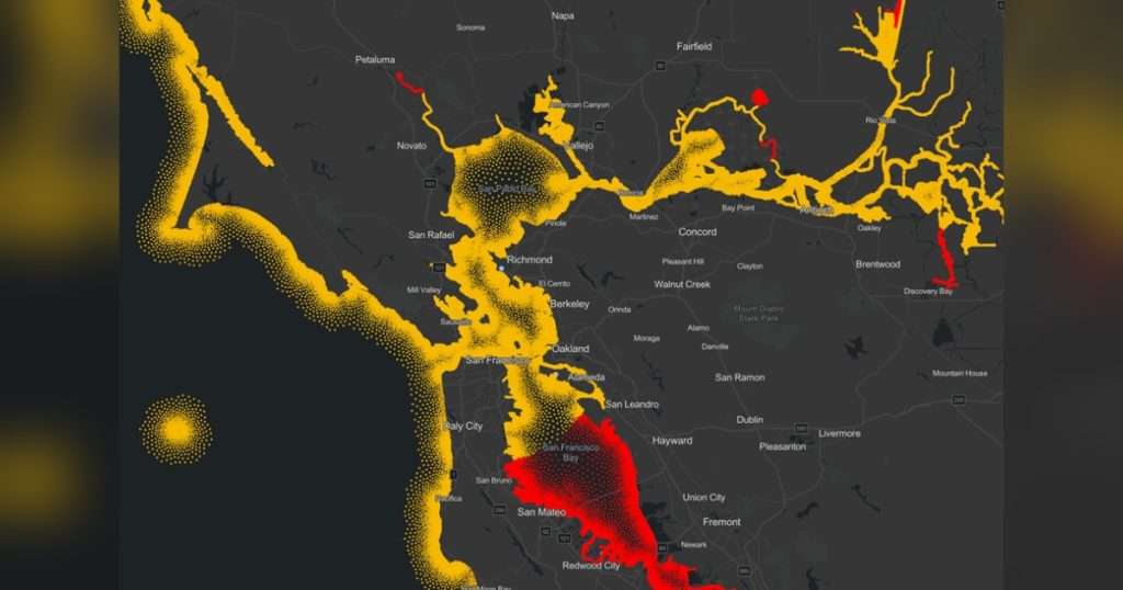 A dark-themed map of the San Francisco Bay Area highlights coastal and bay waters with yellow and red patterned overlays.