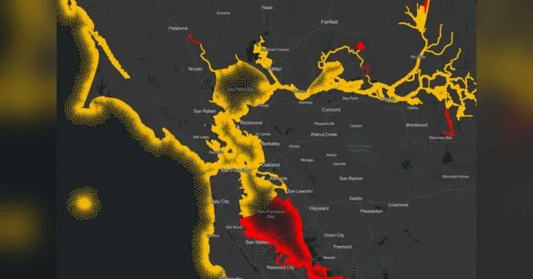 A dark-themed map of the San Francisco Bay Area highlights coastal and bay waters with yellow and red patterned overlays.