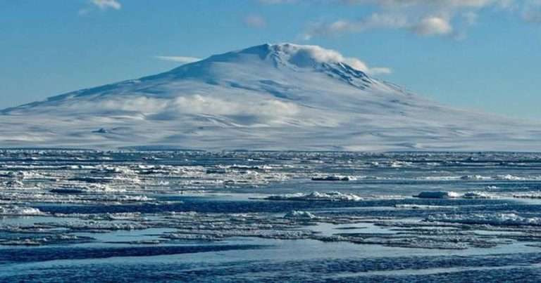 Sea ice and ice floes off Victoria Land, Antarctica, with Mount Melbourne in the background. (Image credit: Alberto C Naveira Grabato)