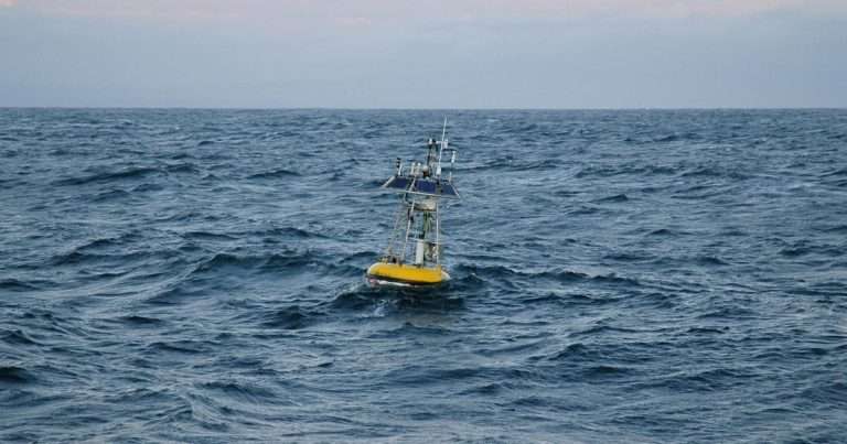 MBARI technology continuously monitors conditions in Monterey Bay and across Central California waters. The M1 mooring anchored over the mouth of Monterey Canyon has recorded an anomalous influx of warm water, an indication of the arrival of El Niño. (Image credit: Todd Walsh, MBARI)