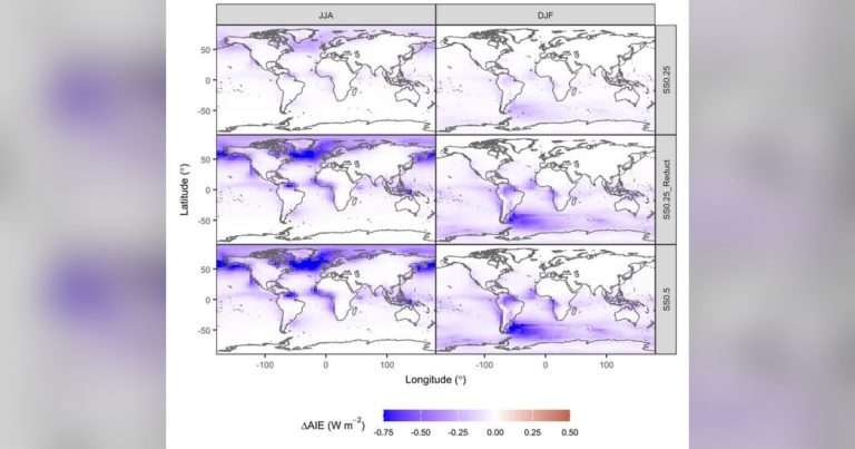 Modeled first aerosol indirect effect arising from the additional Aitken-mode mPOA that the Gantt2011 parameterization omits, shown for two cloud supersaturations and two seasons. Blue shading indicates radiative cooling due to increased cloud albedo. The effect is moderate when averaged over the global ocean but pronounced over biologically productive waters, particularly in the summertime North Atlantic and the wintertime Southern Ocean. (Image credit: Science China Press)